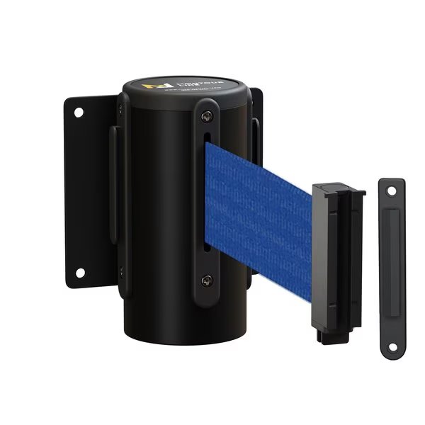 Retr. Belt Barrier Black Metal Recessed Wall Mt, 11ft. Dk Blu Belt (M), Montour Line, Mfr#: WM115-BK-DBL-RC-M-110